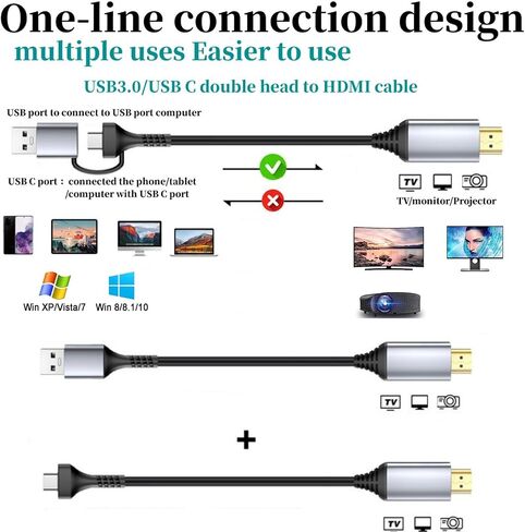 USB to HDMI Adapter Cable, 6FT USB 3.0/USB C to HDMI Male Cable for Home Office, HD 1080P Monitor Converter Cord Suport Audio Video for Dell/Lenovo Laptop Windows 11/10/, Samsung Galaxy S21/S20 ect in Saudi Arabia