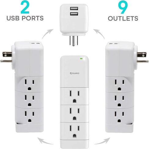 Aduro Surge Protector 9 منافذ توصيل الطاقة مع USB (2 منافذ 2.4A) مثبت على الحائط متعدد المنافذ الفاصل موسع محول أبيض in Kuwait