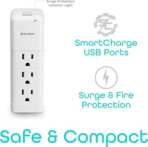 Aduro Surge Protector 9 منافذ توصيل الطاقة مع USB (2 منافذ 2.4A) مثبت على الحائط متعدد المنافذ الفاصل موسع محول أبيض in Kuwait