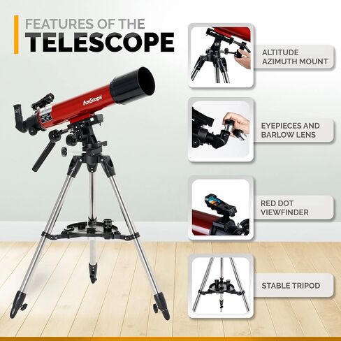 AmScope Refractor ALT-AZ Telescope with Altitude Azimuth Mount, 90mm Aperture, 600mm Focal Length, Stainless Steel Tripod and Red Dot Finder in Saudi Arabia