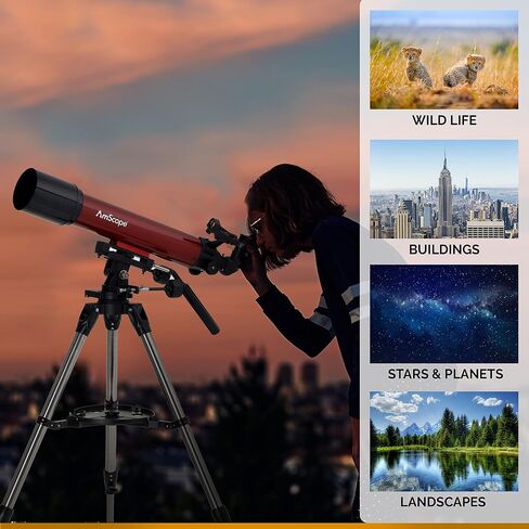 AmScope Refractor ALT-AZ Telescope with Altitude Azimuth Mount, 90mm Aperture, 600mm Focal Length, Stainless Steel Tripod and Red Dot Finder in Saudi Arabia