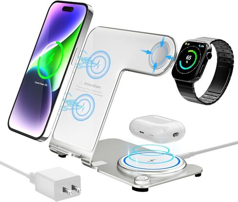 شاحن لاسلكي، قاعدة شحن لاسلكية 3 في 1 من سبائك الألومنيوم لهواتف Apple iPhone/iWatch/Airpods، وiPhone 14,13,12,11 (Pro, ProMax)/XS/XR/XS/X/8(Plus)، iWatch8/7/ 6/SE/5/4/3/2,ايربودز 3/2/برو in Kuwait