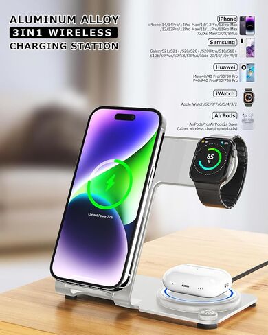شاحن لاسلكي، قاعدة شحن لاسلكية 3 في 1 من سبائك الألومنيوم لهواتف Apple iPhone/iWatch/Airpods، وiPhone 14,13,12,11 (Pro, ProMax)/XS/XR/XS/X/8(Plus)، iWatch8/7/ 6/SE/5/4/3/2,ايربودز 3/2/برو in Kuwait