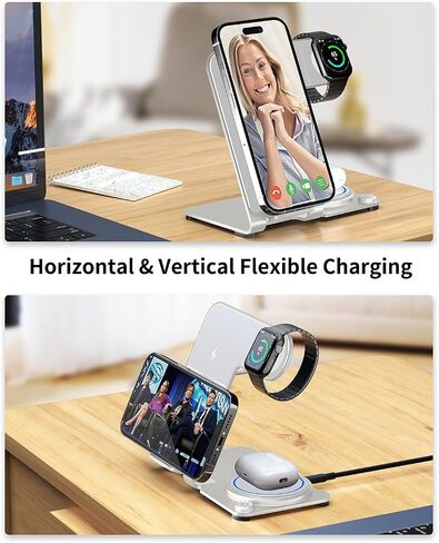 شاحن لاسلكي، قاعدة شحن لاسلكية 3 في 1 من سبائك الألومنيوم لهواتف Apple iPhone/iWatch/Airpods، وiPhone 14,13,12,11 (Pro, ProMax)/XS/XR/XS/X/8(Plus)، iWatch8/7/ 6/SE/5/4/3/2,ايربودز 3/2/برو in Kuwait