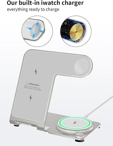 شاحن لاسلكي، قاعدة شحن لاسلكية 3 في 1 من سبائك الألومنيوم لهواتف Apple iPhone/iWatch/Airpods، وiPhone 14,13,12,11 (Pro, ProMax)/XS/XR/XS/X/8(Plus)، iWatch8/7/ 6/SE/5/4/3/2,ايربودز 3/2/برو in Kuwait