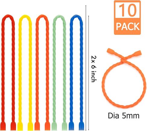 10 PCS 6-Inch Silicone Cable Ties - Reusable Twist Ties Bendable Steel-Core Rubber Cable Ties for Bundling and Holding, All Purpose Cord Tie for Indoor and Outdoor (5 Colors) in Kuwait