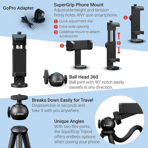 SquidGrip Flexible Cell Phone Tripod and Portable Action Camera Holder - Compatible with iPhone, GoPro, Android, Samsung, Google Pixel and All Mobile Phones Black in Saudi Arabia