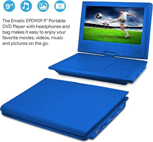 مشغل DVD المحمول Ematic مع شاشة دوارة LDC مقاس 9 بوصة، وحقيبة سفر وسماعات رأس، باللون الأزرق المخضر in Kuwait