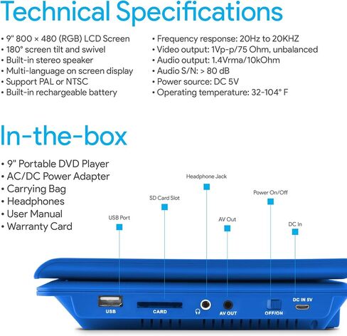 مشغل DVD المحمول Ematic مع شاشة دوارة LDC مقاس 9 بوصة، وحقيبة سفر وسماعات رأس، باللون الأزرق المخضر in Kuwait