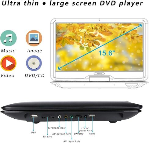 مشغل DVD/CD كبير محمول من YOOHOO مقاس 17.9 بوصة مع شاشة LCD عالية الوضوح دوارة 270 درجة مقاس 15.6 بوصة، وبطارية قابلة لإعادة الشحن لمدة 6 ساعات، ودعم CD/DVD/بطاقة SD/USB in Kuwait