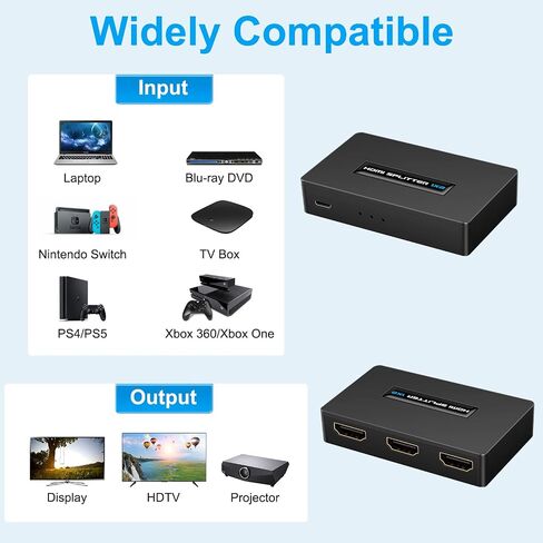 1x2 HDMI Splitter، 1 in 2 Out HDMI Splitter Audio Video Distribution Box يدعم 3D و4K x 2K متوافق مع HDTV، STB، DVD، PS3، جهاز العرض إلخ in Kuwait