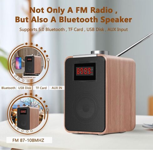 Retro FM Radio Vintage Wooden Bluetooth Speaker Portable Shortwave Radio with LED Display, Clear Sound, Type-C/AC Charging, 2000mAH Rechargeable Battery, Support TF Card/USB Disk/AUX Input in Saudi Arabia