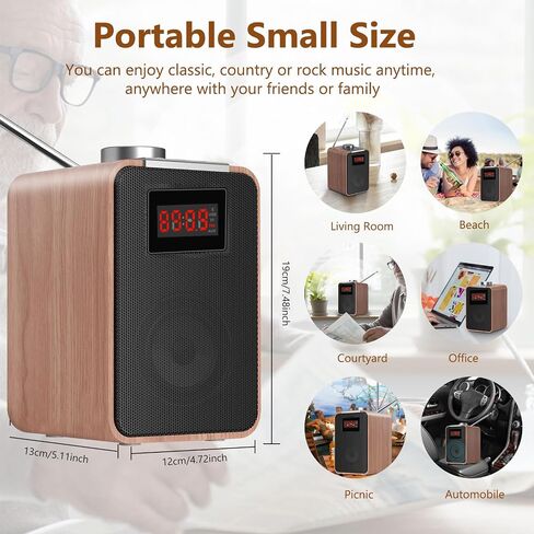 Retro FM Radio Vintage Wooden Bluetooth Speaker Portable Shortwave Radio with LED Display, Clear Sound, Type-C/AC Charging, 2000mAH Rechargeable Battery, Support TF Card/USB Disk/AUX Input in Saudi Arabia