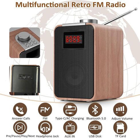 Retro FM Radio Vintage Wooden Bluetooth Speaker Portable Shortwave Radio with LED Display, Clear Sound, Type-C/AC Charging, 2000mAH Rechargeable Battery, Support TF Card/USB Disk/AUX Input in Saudi Arabia