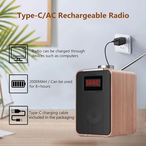 Retro FM Radio Vintage Wooden Bluetooth Speaker Portable Shortwave Radio with LED Display, Clear Sound, Type-C/AC Charging, 2000mAH Rechargeable Battery, Support TF Card/USB Disk/AUX Input in Saudi Arabia