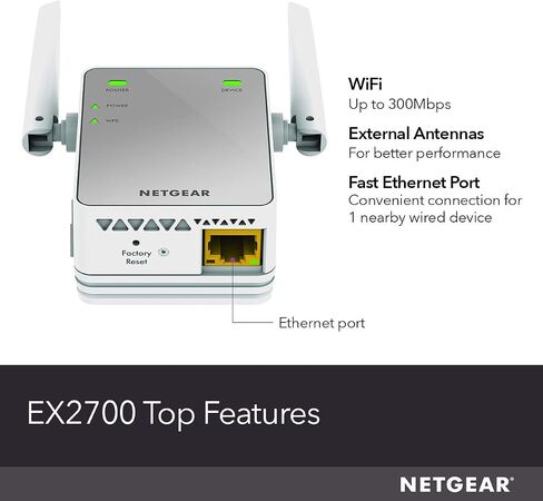 موسع نطاق واي فاي NETGEAR EX2700 - تغطية تصل إلى 800 قدم مربع و10 أجهزة مع معزز ومكرر الإشارة اللاسلكية N300 (سرعة تصل إلى 300 ميجابت في الثانية)، وتصميم مدمج لقابس الحائط in Kuwait