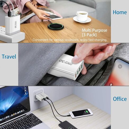 iSeekerKit Fast 3.0 Wall Charger, 3-Pack 4 Ports USB Wall Charger Adapter Fast USB Charging Block USB Charger Block Compatible for Wireless Charger, Samsung Galaxy S23 S22, iPhone 15 14 13 12, iPad in Kuwait
