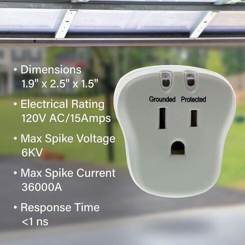 Comzon 1 منفذ عرام حامي قطاع الطاقة التوصيل المباشر لمحول الحائط، 2 مؤشرات LED، 540J / 1800W حامي الجهد منفذ واحد للأجهزة المنزلية، ثلاجة، أبيض in Kuwait