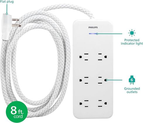 Philips Accessories Philips 6-Outlet Surge Protector, 8 Ft, Braided Cord, Adapter-Spaced, White, SPC6066WB/37 in Kuwait