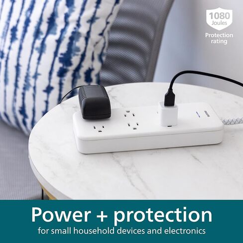 Philips Accessories Philips 6-Outlet Surge Protector, 8 Ft, Braided Cord, Adapter-Spaced, White, SPC6066WB/37 in Kuwait