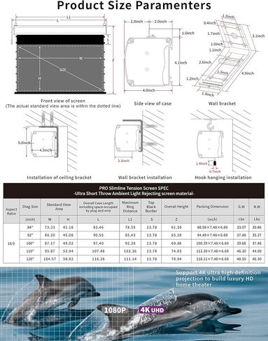 VIVIDSTORM-Projection Screen,PRO Slimline Motorized Office Presentation,Remote Controlled Drop Down Screen,Color Display Feature,Compatible with 4K Ultra Short Throw Laser Projector,VBMSLUST120H in Saudi Arabia