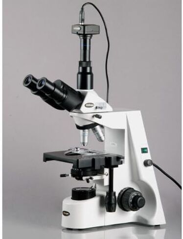 AmScope T690C-PL-5M Digital Trinocular Compound Microscope, 40X-2500X Magnification, WH10x and WH25x Super-Widefield Eyepieces, Infinity Plan Achromatic Objectives, Brightfield, Kohler Condenser, Double-Layer Mechanical Stage, Includes 5MP Camera with Red in Saudi Arabia