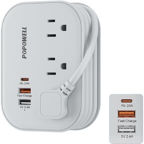 POPOWELL PD 20W USB C Power Strip، شريط طاقة للسفر مع 3 منافذ و3 منافذ USB (1 USBC) شحن سريع للهاتف Ipad، شاحن QC 3.0 لأساسيات سفينة Crusie، مسكن مكتب السفر المنزلي، 5 أقدام، رمادي.