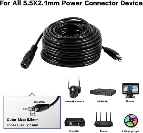 كابل تمديد طاقة CCTV 12 فولت تيار مستمر 2.1 × 5.5 مم لكاميرا CCTV الأمنية واي فاي IP كاميرا مراقبة NVR Dvr LED قطاع راوتر ضوء عيد الميلاد (20 متر - 65 قدم) in Kuwait