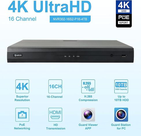 【Only Plug & Play with Anpviz U-Series Camera】 4K 16CH PoE NVR Network Video Recorder Pre-Installed 4TB HDD, 16 Channel H.265 NVR Support 8MP/6MP/5MP/4MP/3MP/1080P IP PoE Camera for 24/7 Recording in Saudi Arabia