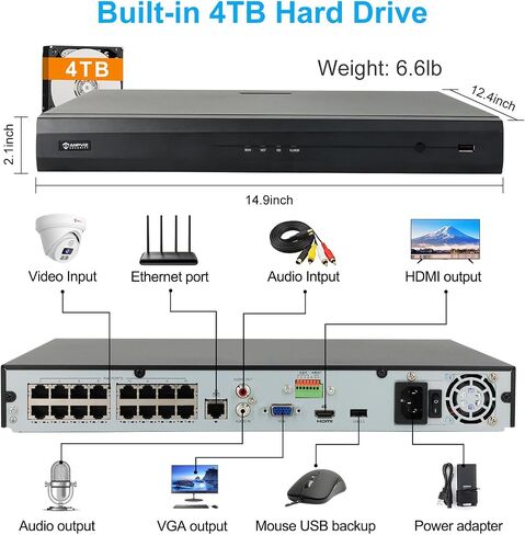 【Only Plug & Play with Anpviz U-Series Camera】 4K 16CH PoE NVR Network Video Recorder Pre-Installed 4TB HDD, 16 Channel H.265 NVR Support 8MP/6MP/5MP/4MP/3MP/1080P IP PoE Camera for 24/7 Recording in Saudi Arabia
