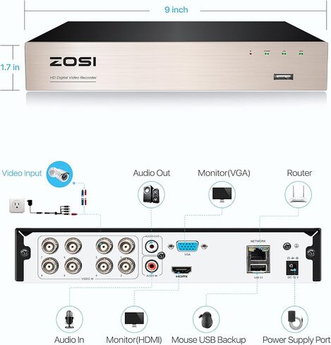 ZOSI 8 قنوات كاملة 1080 بكسل عالية الوضوح هجين 4 في 1 HD TVI DVR مسجل فيديو CCTV شبكة كشف الحركة لنظام كاميرا المراقبة الأمنية ومراقبة الهاتف المحمول والتسجيل في الوقت الحقيقي in Kuwait