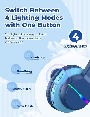 iClever BTH12 Kids Bluetooth Headphones 85H Playtime with LED Lights Travel | SafeSound Tech, Stereo Sound, USB C Charging AUX Cable Over Ear Built-in Mic, Kids Wireless Headphones for Toddler Boys Girls in Kuwait