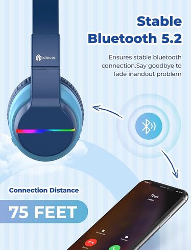 iClever BTH12 Kids Bluetooth Headphones 85H Playtime with LED Lights Travel | SafeSound Tech, Stereo Sound, USB C Charging AUX Cable Over Ear Built-in Mic, Kids Wireless Headphones for Toddler Boys Girls in Kuwait
