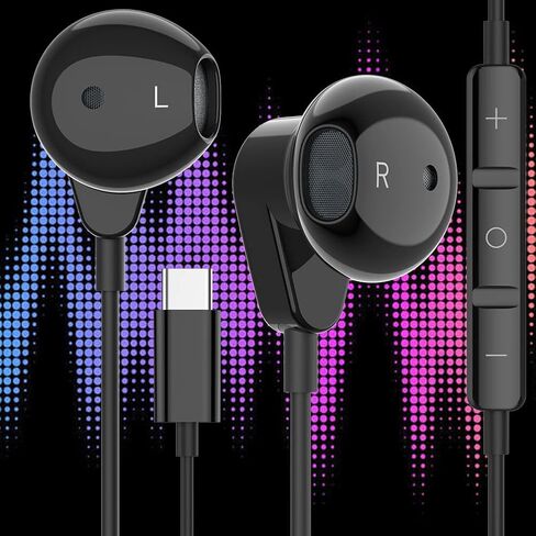 سماعات اذن سلكية ستيريو ثلاثية الابعاد بمنفذ USB C مع ميكروفون للتحكم في مستوى الصوت متوافقة مع ايباد برو وسامسونج جالكسي اس 23 واس 22 الترا وايه 53 واس 21 زد فليب 4 وبكسل 7 و6 و32 بت/384 كيلو هرتز من in Kuwait