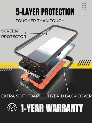 CaseBorne Compatible with iPhone 13 Pro Max Case - [Up to 21 Feet Drop Proof] - Military Grade Heavy Duty Cover with Built-in Screen Protector and Stand - Black in Saudi Arabia
