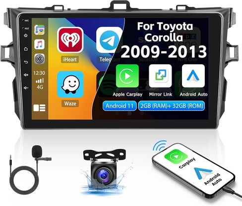 CAMECHO Car Stereo Audio for Toyota Corolla 2009-2013 with Carplay & Android Auto, 2GB+32GB Android 11 Double Din 9 inch Touchscreen Car Radio, Auto Radio with Bluetoooth WiFi GPS AHD Backup Camera in Saudi Arabia