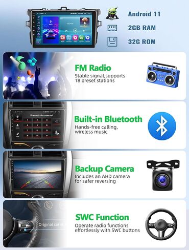 CAMECHO Car Stereo Audio for Toyota Corolla 2009-2013 with Carplay & Android Auto, 2GB+32GB Android 11 Double Din 9 inch Touchscreen Car Radio, Auto Radio with Bluetoooth WiFi GPS AHD Backup Camera in Saudi Arabia