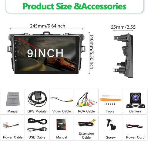CAMECHO Car Stereo Audio for Toyota Corolla 2009-2013 with Carplay & Android Auto, 2GB+32GB Android 11 Double Din 9 inch Touchscreen Car Radio, Auto Radio with Bluetoooth WiFi GPS AHD Backup Camera in Saudi Arabia