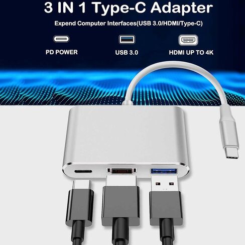 USB C to HDMI Adapter,USB C Type C Multiport Adapter, 3 in 1 Hub Thunderbolt 3 Converter to HDMI 4K Output USB 3.0 Port and USB-C PD Charging Port,Compatible for MacBook/Chromebook (Silver) in Kuwait