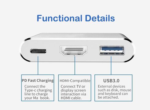 USB C to HDMI Adapter,USB C Type C Multiport Adapter, 3 in 1 Hub Thunderbolt 3 Converter to HDMI 4K Output USB 3.0 Port and USB-C PD Charging Port,Compatible for MacBook/Chromebook (Silver) in Kuwait