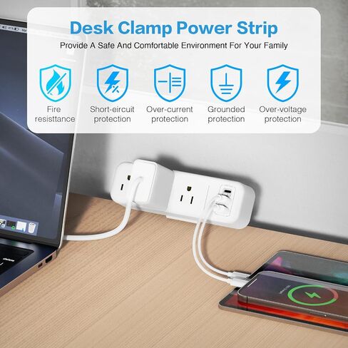 3 Outlet Desk Clamp Power Strip with USB C, Black Flat Plug Desktop Edge Clamp Power Socket Connect 6.5 ft Thin Extension Cord for 1.6 inch Tables in Kuwait