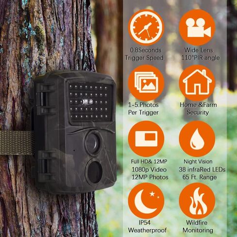 1080P 12MP Trail Camera, 0.8s Trigger Motion Latest Sensor View Hunting Camera with 38 IR LEDs and IP54 Waterproof Trail Game Camera for Scounting&Hunting Animal Detection(included 8GB memory card) in Kuwait