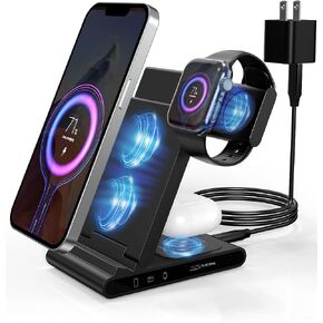 محطة شحن لاسلكية 4 في 1، شاحن لاسلكي GEODMAER مع منفذ شحن سريع USB C متوافق مع iPhone 14 13 12، حامل شحن لاسلكي سريع متوافق مع iWatch وAirpods (مع محول 35 وات) in Kuwait