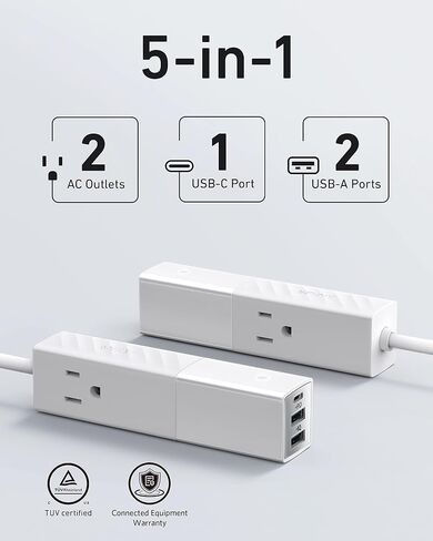 Anker USB C Travel Power Strip - 511 Power Strip with 30W Charger, 2AC Outlets, 2 USB Fast Charge Ports, 5ft Extension Cord - Durable & Convenient for Dorm, Office, School, Cruise Ship - TUV Listed in Saudi Arabia