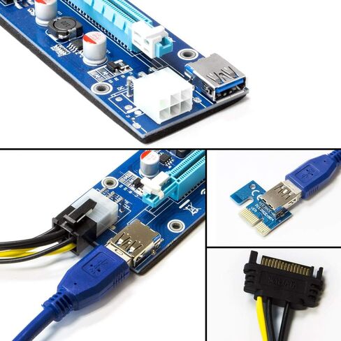 Kingwin PCIe Riser Card Adapter 1x to 16x with 4-Pin Molex Power & SATA Cable, USB 3.0 GPU Extension Cable for Mining Rig, Bitcoin, Ethereum, ETH, Crypto GPU Miner (Latest Version) in Kuwait