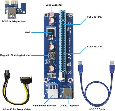Kingwin PCIe Riser Card Adapter 1x to 16x with 4-Pin Molex Power & SATA Cable, USB 3.0 GPU Extension Cable for Mining Rig, Bitcoin, Ethereum, ETH, Crypto GPU Miner (Latest Version) in Kuwait