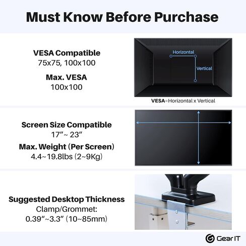GearIT Dual Monitor Mount (Up to 32 Inch, 19.8 lbs) Desk Stand Mount for LCD LED Monitor, Fully Adjustable Articulating Gas Spring Arm with Quick Release (Tilt, Swivel, Rotate) Vesa 75 100 in Saudi Arabia
