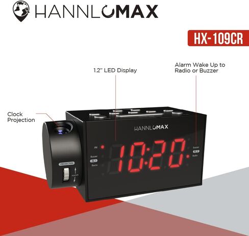 HANNLOMAX HX-109CR PLL FM Radio, Clock with Dual Alarm, Time Projection, 1.2 inches LED Display, USB Port for 1A Charging, Aux-in, AC/DC Adaptor Included in Saudi Arabia