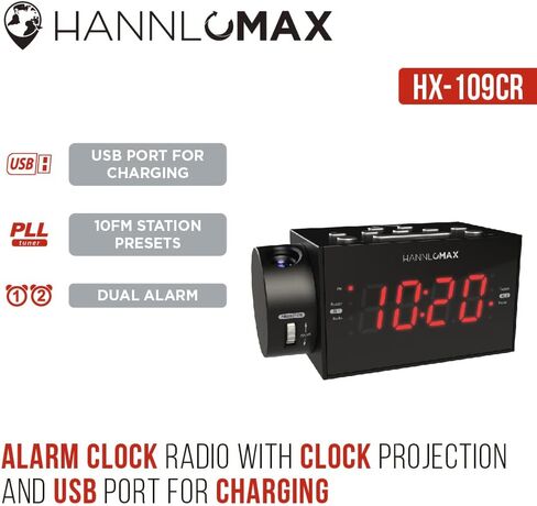 HANNLOMAX HX-109CR PLL FM Radio, Clock with Dual Alarm, Time Projection, 1.2 inches LED Display, USB Port for 1A Charging, Aux-in, AC/DC Adaptor Included in Saudi Arabia