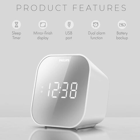 PHILIPS Alarm Clock Radio with USB Charging Port, FM Radio Alarm Digital Clocks for Bedrooms with Battery Backup, Clock Radios for Bedroom, USB Port, Dual Alarm Function, Sleep Timer, Mirror Finish in Saudi Arabia